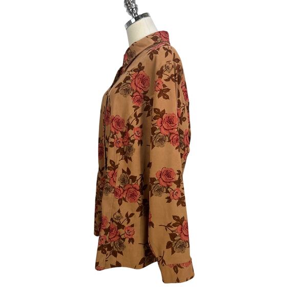 Rose Printed Button Up Shirt Long Sleeves Brown White Stage Top - Picture 5 of 9